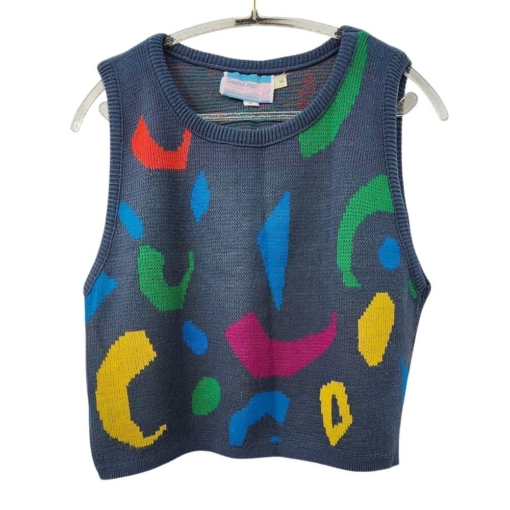 Vintage Knit Sleeveless Sweater Vest Abstract Grey Colorful 80's Vibes Small